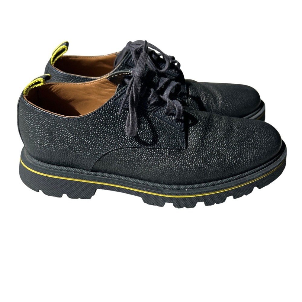 Hugo Boss Black Derby Shoe Mens 40 7 Yellow Stripe Pebble Leather Lug Sole Italy